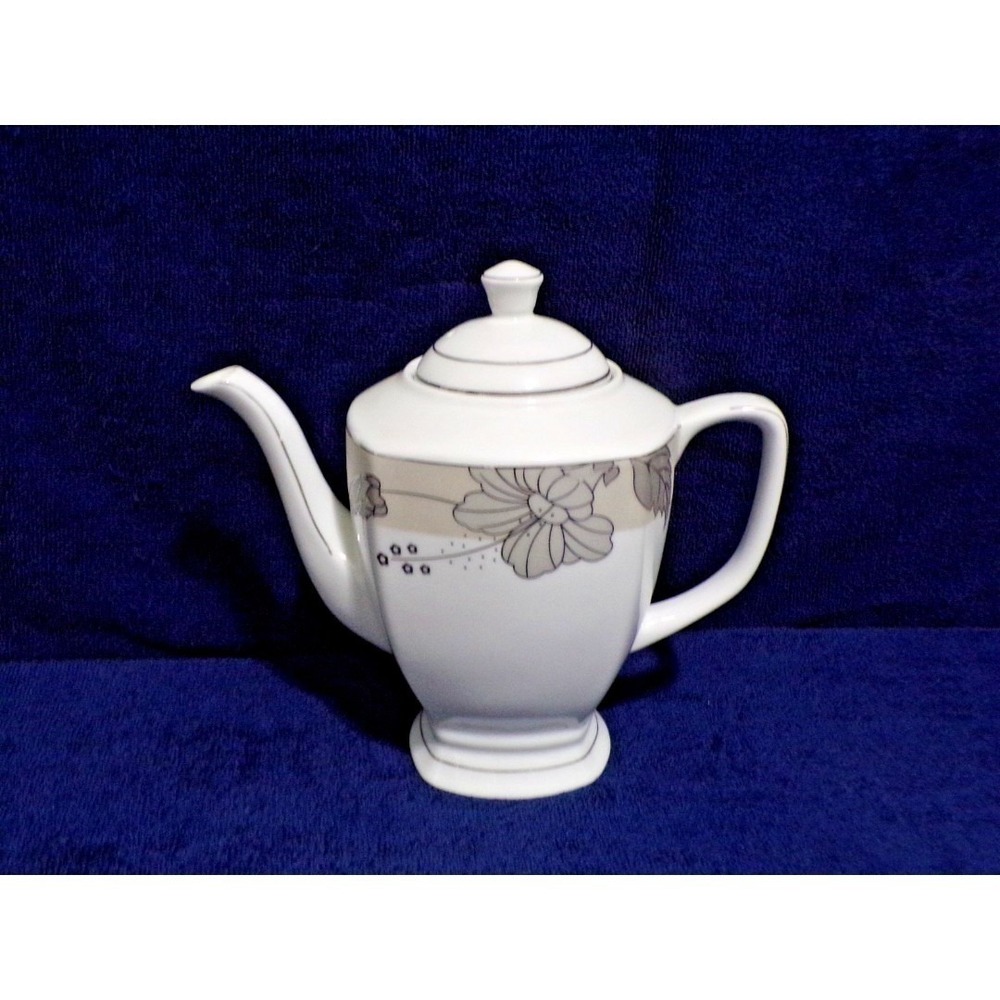 Golden Star Imports Porcelain Silver Floral Motif Coffee or Tea Pot with Lid